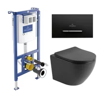 Set rezervor WC cu cadru incastrat Villeroy&Boch ViConnect si clapeta de actionare ViConnect 300S negru mat plus vas WC Rune Ivaldi cu capac softclose