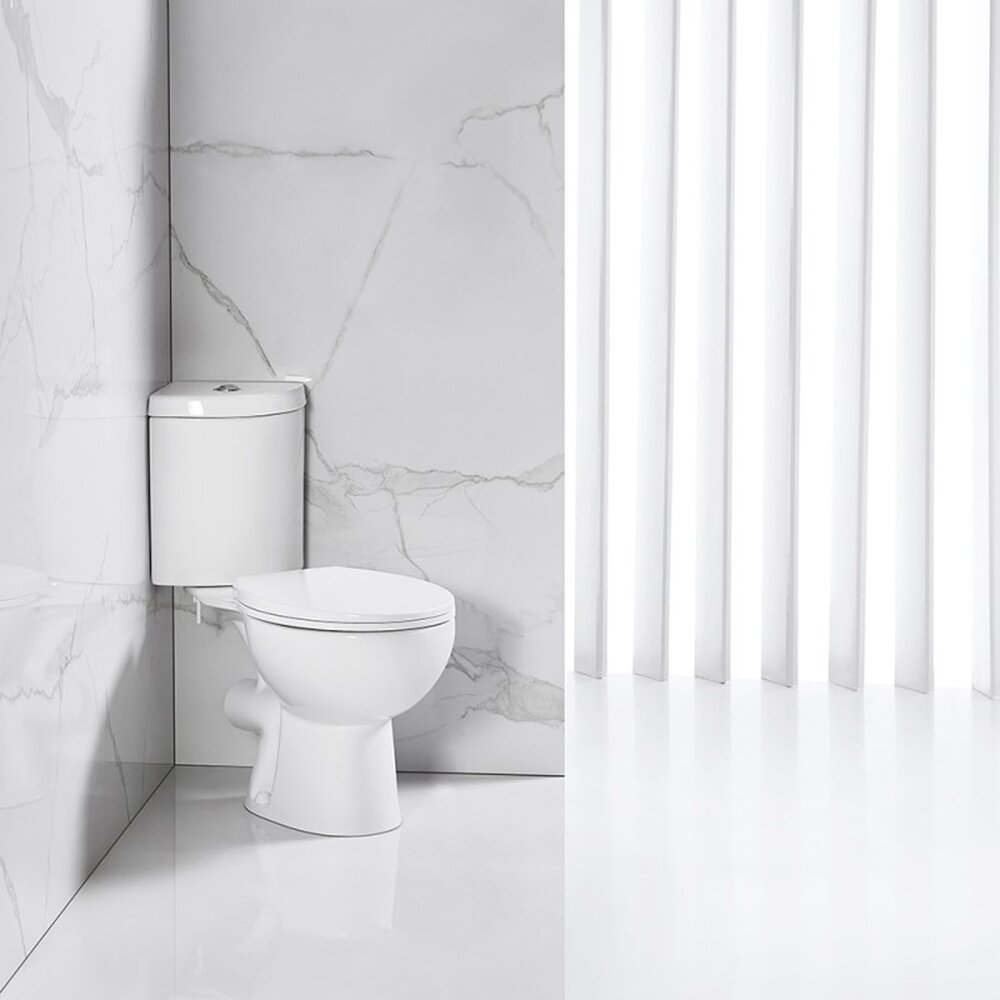 Set vas WC pe pardoseala Inter Ceramic Rimless alb cu rezervor pe colt si capac Quick Release
