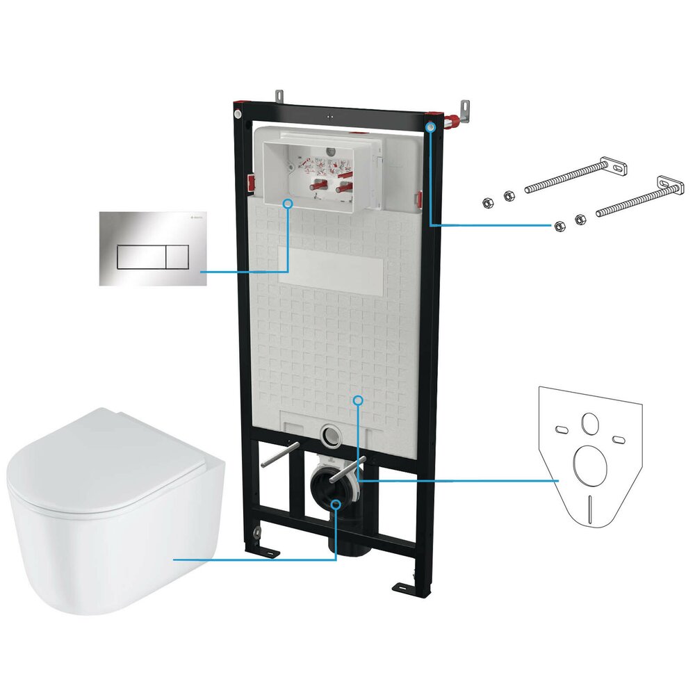 Set vas wc suspendat cu capac Deante Jasmin rimless, rezervor incastrat si clapeta actionare Slim crom