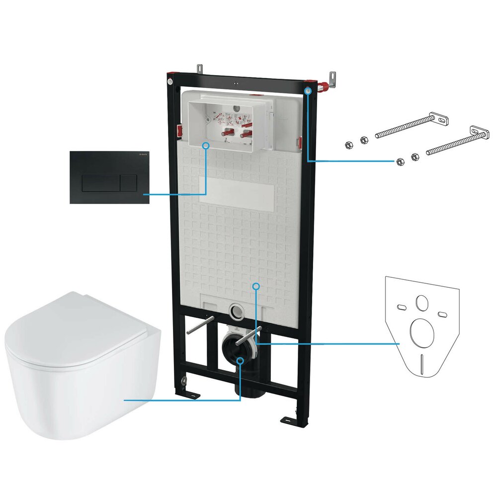 Set vas wc suspendat cu capac Deante Jasmin rimless, rezervor incastrat si clapeta actionare Slim negru