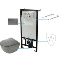 Set vas wc suspendat cu capac Deante Peonia rimless, rezervor incastrat si clapeta actionare antracit