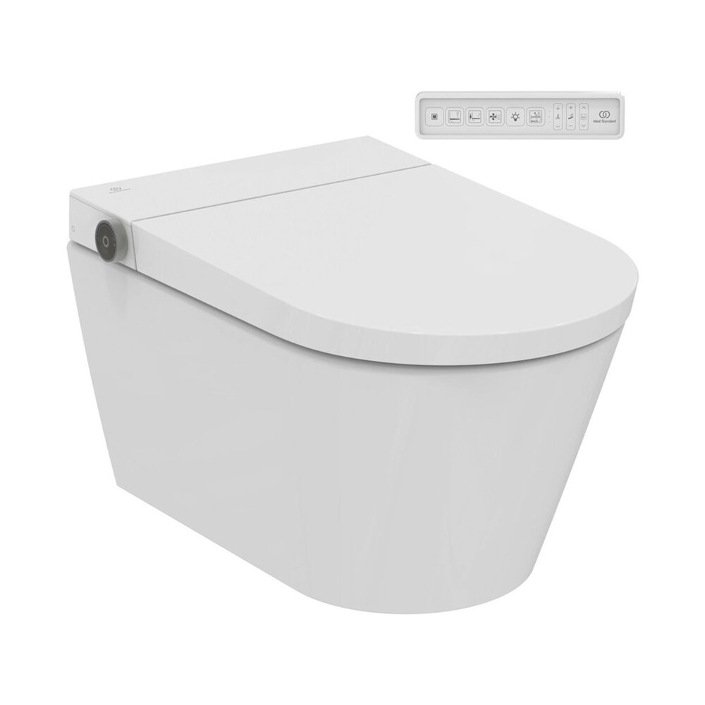 Set vas WC suspendat Ideal Standard i.life E RimLS cu functie de bideu electric si capac softclose alb lucios