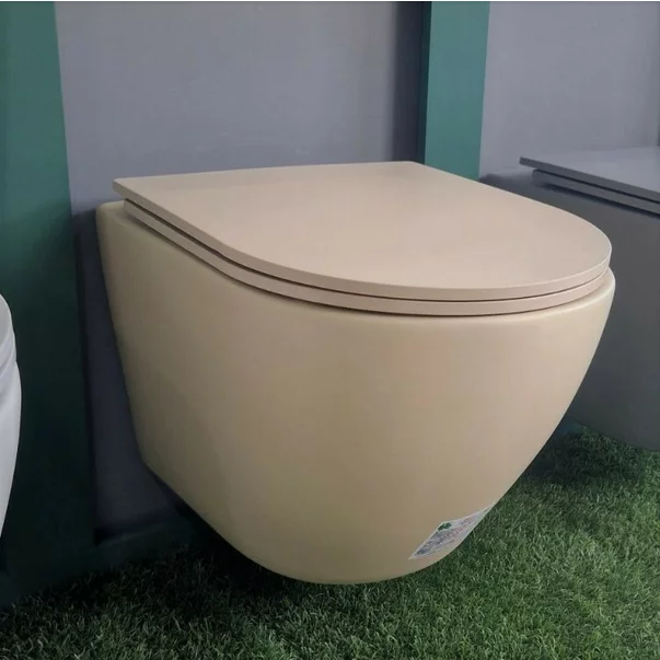 Set vas WC suspendat Inter Ceramic Rimless cu capac slim bej finisaj mat picture - 2