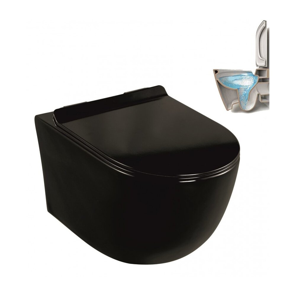 Set vas WC suspendat Inter Ceramic Rimless cu capac slim negru lucios functie bideu