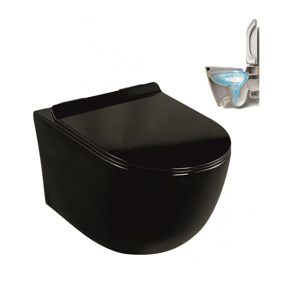 Set vas WC suspendat Inter Ceramic Rimless cu capac slim softclose finisaj negru lucios