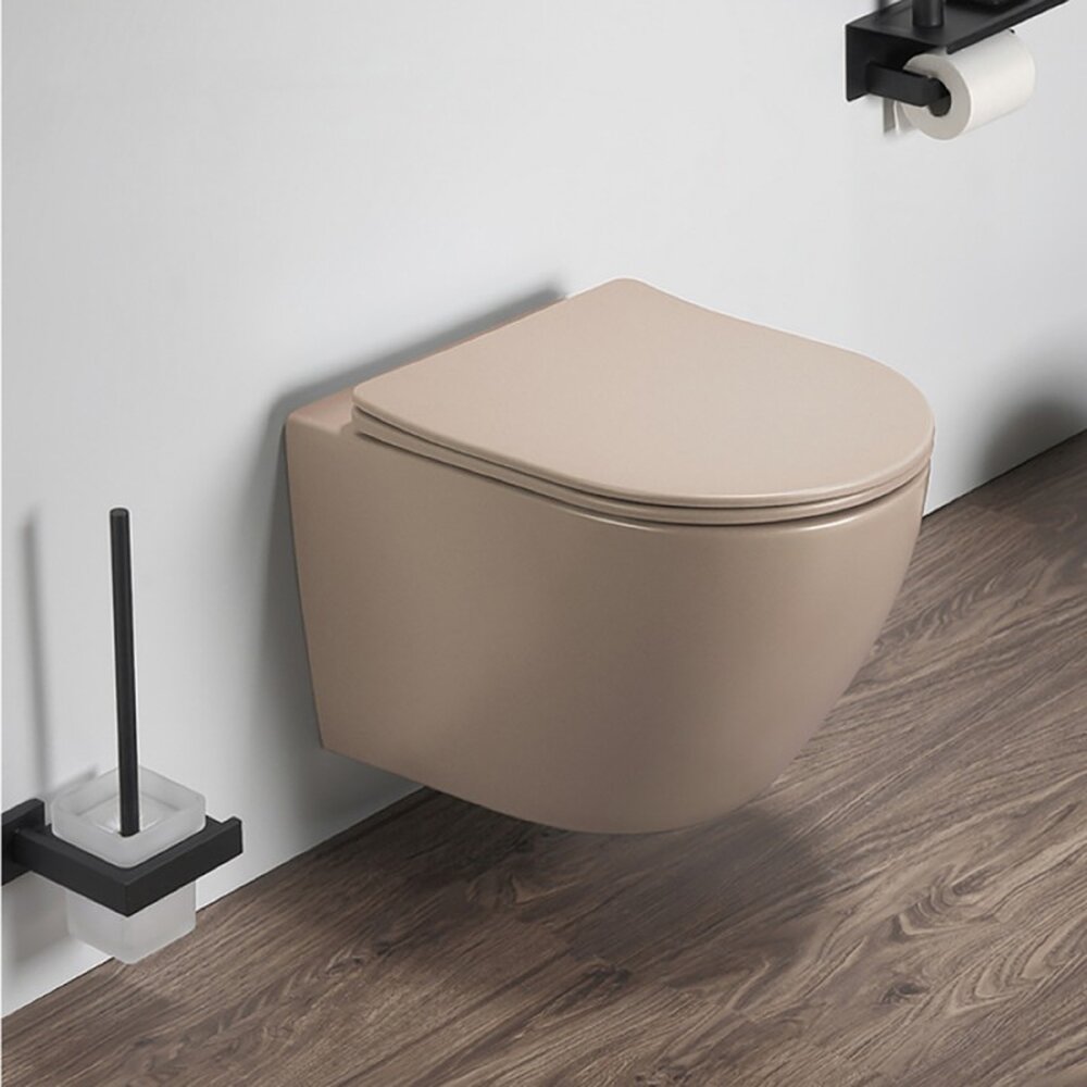 Set vas WC suspendat Inter Ceramic Tornado Rimless cu capac Quick Release bej mat