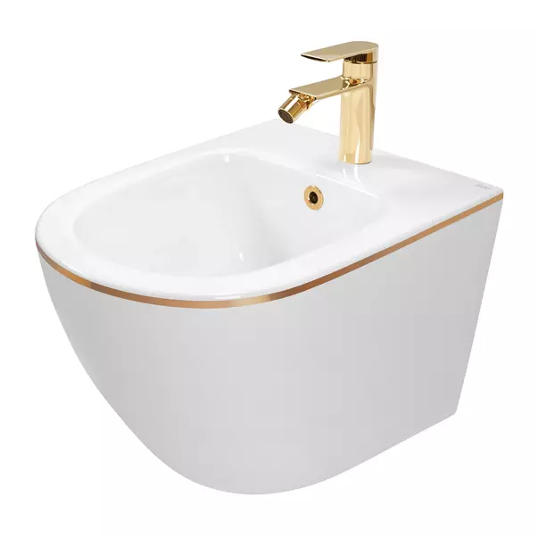 Set vas WC suspendat Rea Carlo alb - auriu cu capac softclose si bideu alb picture - 3