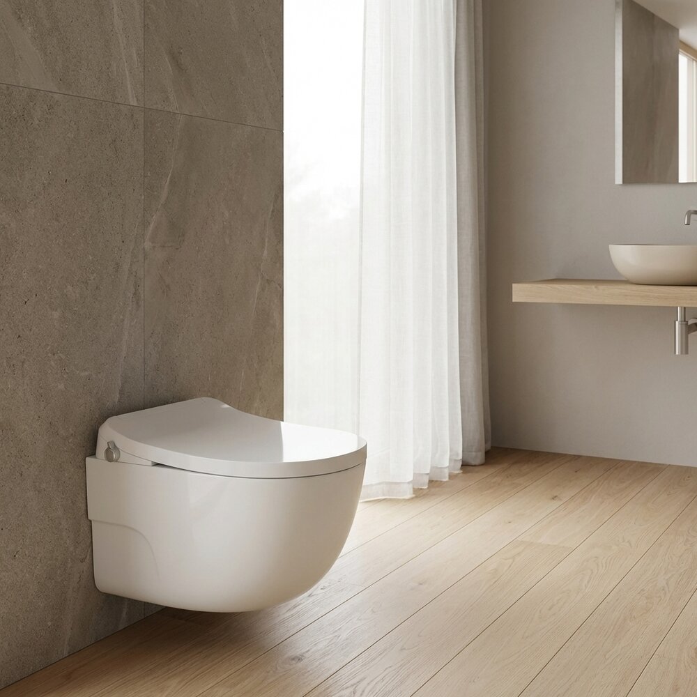 Set vas WC suspendat Rune Leif Smart Rimless alb si capac softclose cu functie de bideu