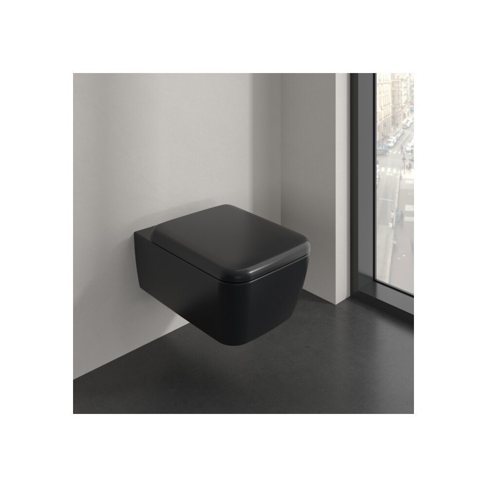 Set vas WC suspendat Villeroy&Boch Skyla Combi-Pack TwistFlush Rimless cu capac softclose negru Pure Black CeramicPlus