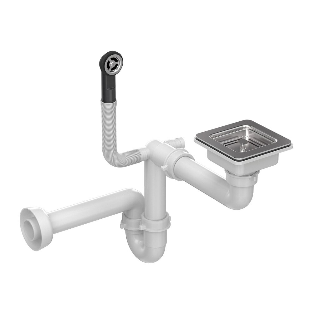 Sifon cu capac scurgere patrat Quadron Unique finisaj inox pentru chiuvete granit 1 cuva
