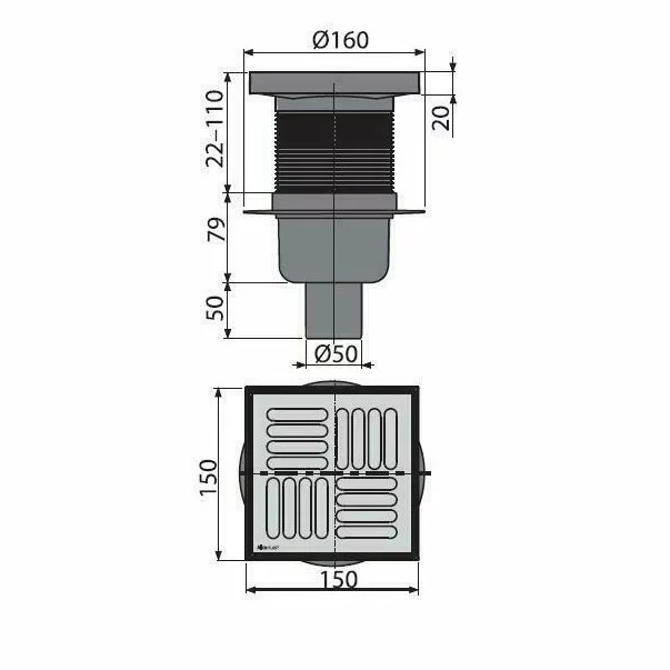 Sifon pardoseala 150 x 150/50 cu iesire verticala si inaltator de inox APV6411 Alcadrain picture - 2