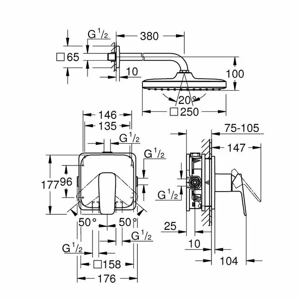 Sistem de dus incastrat Grohe Cubeo Tempesta cu palarie 1 functie fara corp ingropat finisaj crom lucios picture - 4