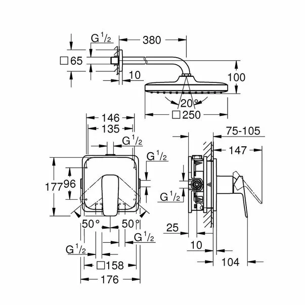 Sistem de dus incastrat Grohe Cubeo Tempesta cu palarie 1 functie fara corp ingropat finisaj negru mat picture - 4