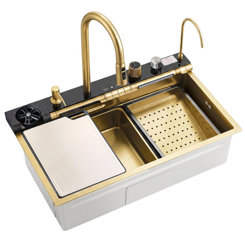 Statie de lucru multifunctionala Rea Alonzo inox finisaj auriu periat 75x46 cm cu sistem filtrare apa