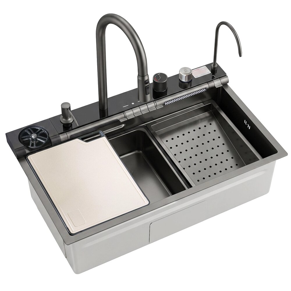 Statie de lucru multifunctionala Rea Alonzo inox finisaj negru metalizat 75x46 cm cu sistem filtrare apa