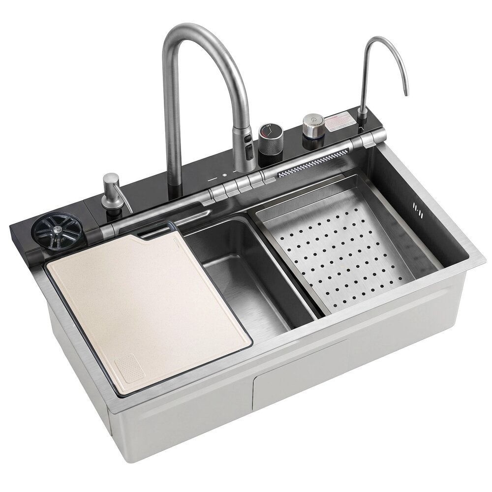 Statie de lucru multifunctionala Rea Alonzo inox finisaj nichel periat 75x46 cm cu sistem filtrare apa