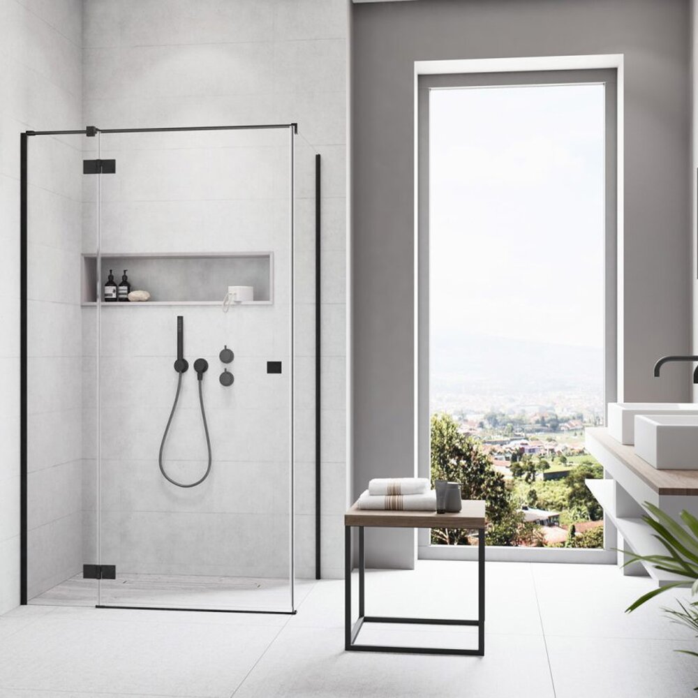 Usa de nisa batanta Radaway Essenza KDJ 80 cm sticla 6 mm finisaj negru mat-transparent deschidere stanga