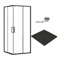 Комплект душ кабина Rea Punto черна 90x90 см, душ корито Deante Correo черно и сифон за душ корито черен