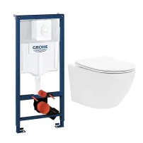 Комплект казанче за вграждане Grohe Rapid SL за тоалетна чиния с бял бутон Skate Air, плюс бяла тоалетна чиния Rune Ivaldi с капак softclose
