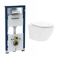 Комплект казанче за WC за вграждане с комплект за фиксиране Geberit Duofix Up100 и хромиран бутон Delta, плюс бяла тоалетна чиния Rune Ivaldi с тънък капак softclose