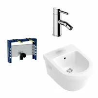 Комплект монтажна рамка Geberit Kombifix, бяло окачено биде Villeroy&Boch Architectura и хромиран смесител за биде Omnires Y