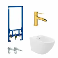 Комплект монтажна рамка Grohe Rapid SL, бяло стенно биде Rea Carlo и златен смесител за биде Invena Glamour