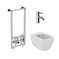 Комплект монтажна рамка Ideal Standard ProSys, бяло окачено биде Ideal Standard I.life B и хромиран смесител за биде Omnires Y