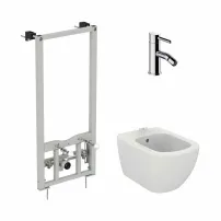 Комплект монтажна рамка Ideal Standard ProSys, бяло окачено биде Ideal Standard Tesi и хромиран смесител за биде Omnires Y