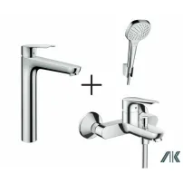 Комплект смесител Hansgrohe Logis E с висок смесител за мивка, смесител за вана и комплект за душ с хромиран кран