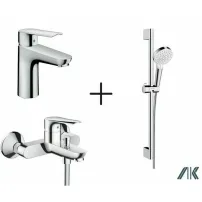 Комплект смесител Hansgrohe Logis E със смесител за мивка, смесител за вана и душ с хромирана ръкохватка