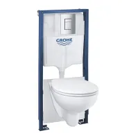 Комплект тоалетно казанче Grohe Solido 5 в 1 и хромиран бутон за активиране Skate Cosmopolitan, плюс керамична тоалетна чиния Bau с капак с плавно затваряне