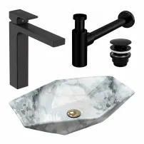 Комплект за мивка за плот от гранит Rea Vegas 57 см, черен смесител за мивка Hansgrohe Vernis Shape 190 и черен вентил за мивка Click-Clack