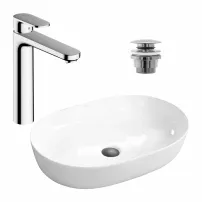 Комплект за мивка за плот Rea Cleo бяла 61 см, смесител за умивалник Hansgrohe Vernis Blend хром и кран за умивалник Click-Clack хром