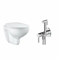 Комплект за окачена тоалетна чиния Grohe Bau Ceramic, капак с плавно затваряне и хромиран интимен душ комплект с вграден смесител Omnires Y