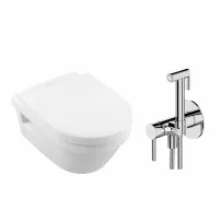 Комплект за окачена тоалетна чиния Villeroy&Boch Architectura, капак с плавно затваряне и хромиран интимен душ комплект с вграден смесител Omnires Y