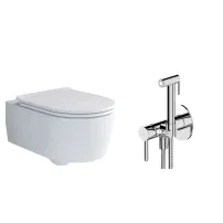 Комплект за окачена тоалетна чиния Villeroy&Boch Soul, капак с плавно затваряне и хромиран интимен душ комплект с вграден смесител Omnires Y хром