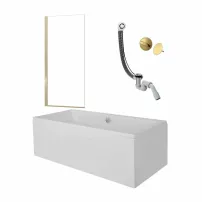 Комплект за правоъгълна вана Besco Quadro 165x75 см, параван за вана Rea Elegant 70x140 см златен, сифон и капак за сифон