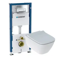 Скрито казанче и окачена тоалетна чиния Geberit Duofix и пакет с капак с плавно затваряне Geberit Smyle Square slim