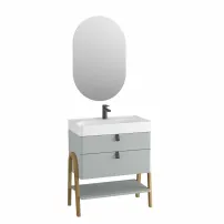 Светлосив комплект подови шкафове Krofam Moss 70 см, вградена мивка Krofam Moss 70 см с отвор за смесител и огледало