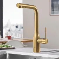 Висок кухненски смесител Grohe Essence с издърпващ се душ, матово злато, Cool Sunrise