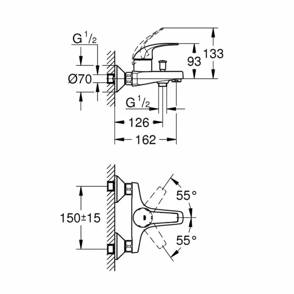 Grohe Baucurve смесител за вана/душ, едноръкохватков, хромиран picture - 2