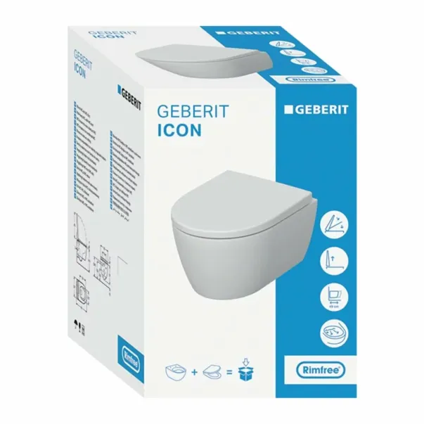 Комплект за окачена тоалетна чиния Geberit iCon Rimfree с капак с плавно затваряне, матово бял picture - 3