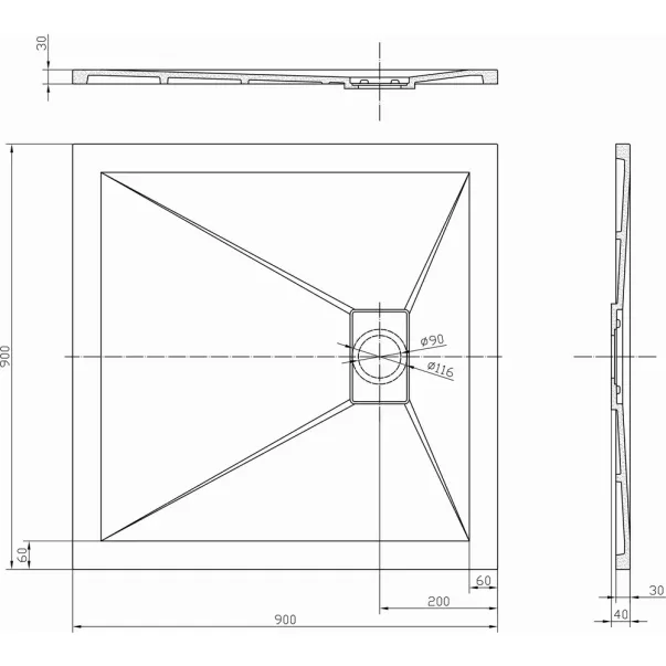 Композитно душ корито Inter Ceramic квадратно 90x90 см финиш камък-матово черно picture - 3