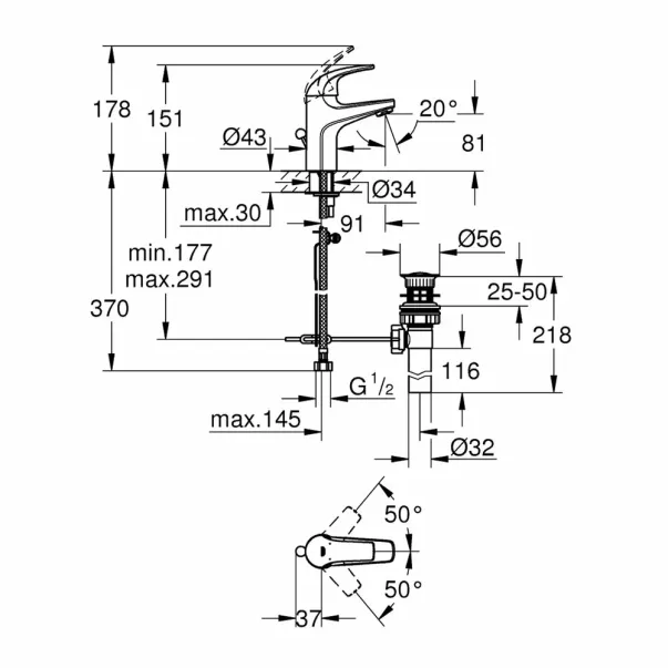 Смесител за умивалник Grohe Baucurve с едноръкохватков механизъм, гланциран хром, с вентил picture - 2