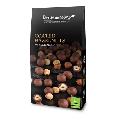 Alune de padure invelite in ciocolata cu praline, bio, 60g, Benjamissimo