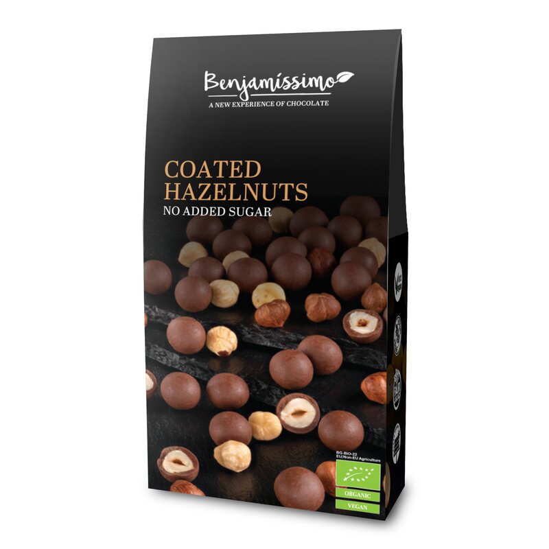 Alune de padure invelite in ciocolata cu praline, bio, 60g, Benjamissimo