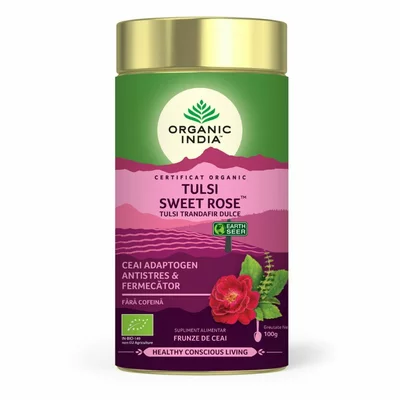 Ceai Tulsi (Busuioc Sfant) Trandafir Dulce - Antistres & Fermecator, eco, 100g, Organic India