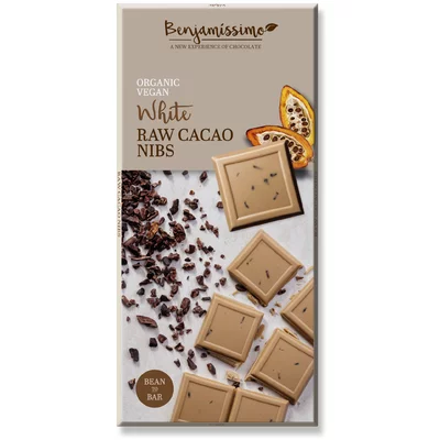 Ciocolata alba cu cacao nibs bio, 70g, Benjamissimo