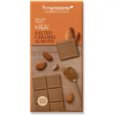 Ciocolata alba cu migdale si caramel sarat bio, 70g, Benjamissimo PRET REDUS