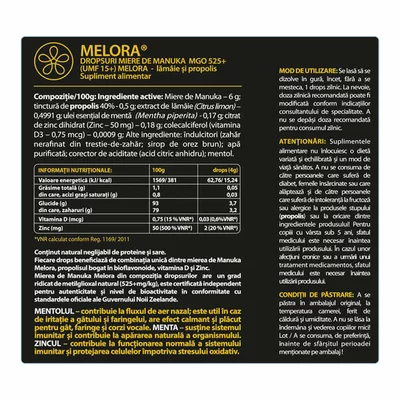Dropsuri miere de Manuka MGO 525+ (UMF 15+) Melora - lamaie si propolis, 12 buc, 48g, naturale